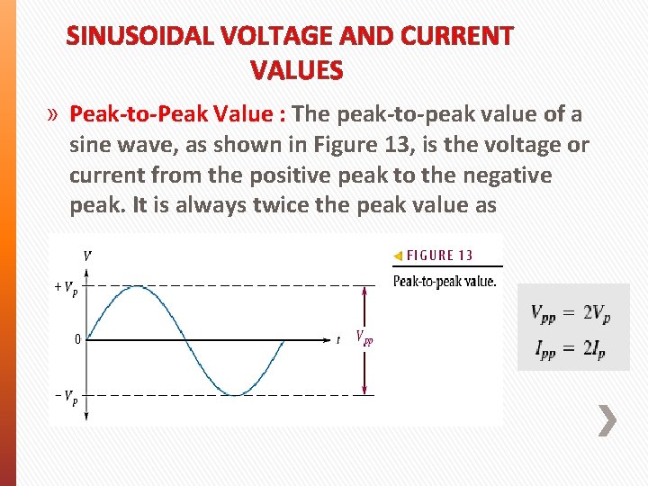 SINUSOIDAL VOLTAGE AND CURRENT VALUES » Peak-to-Peak Value : The peak-to-peak value of a SINUSOIDAL VOLTAGE AND CURRENT VALUES » Peak-to-Peak Value : The peak-to-peak value of a