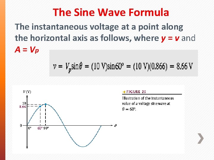 The Sine Wave Formula The instantaneous voltage at a point along the horizontal axis The Sine Wave Formula The instantaneous voltage at a point along the horizontal axis