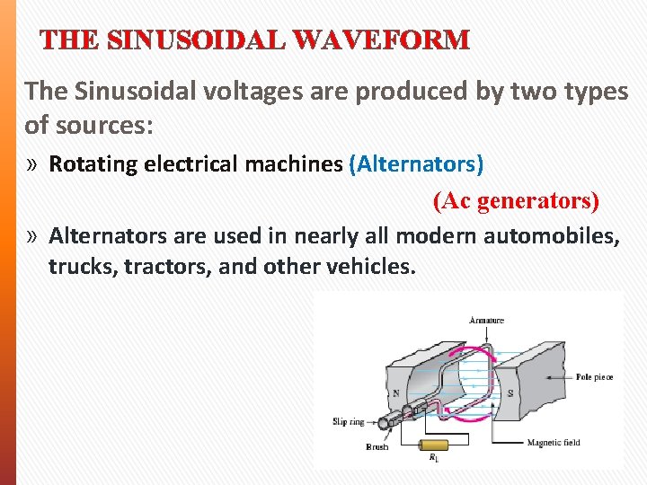 THE SINUSOIDAL WAVEFORM The Sinusoidal voltages are produced by two types of sources: » THE SINUSOIDAL WAVEFORM The Sinusoidal voltages are produced by two types of sources: »