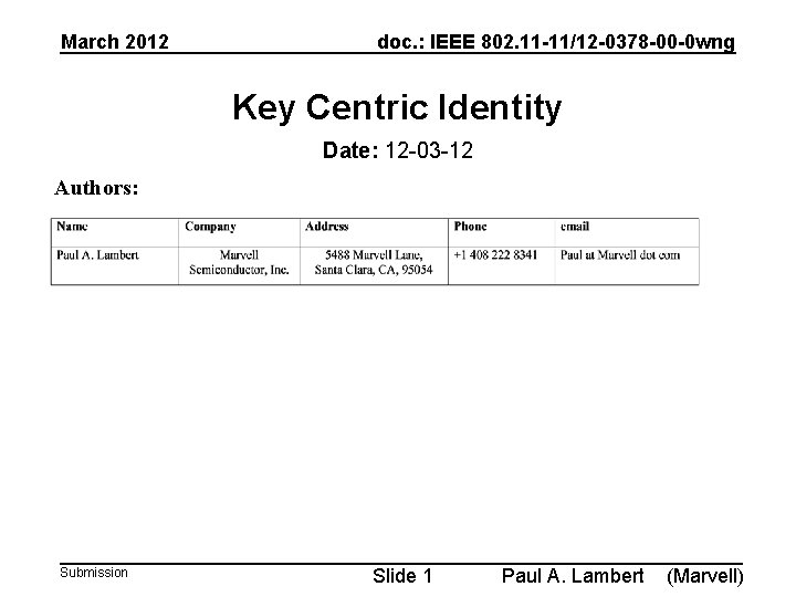 March 2012 doc. : IEEE 802. 11 -11/12 -0378 -00 -0 wng Key Centric