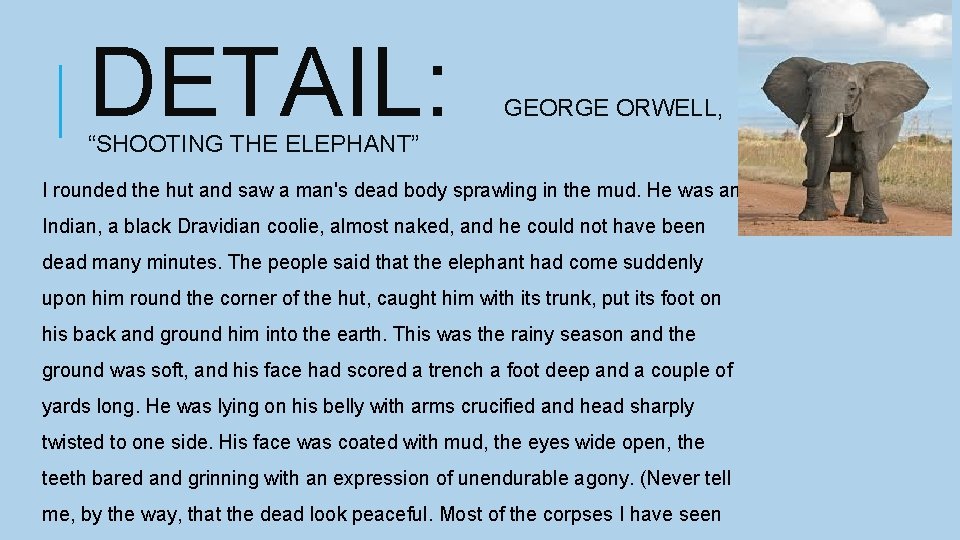 DETAIL: GEORGE ORWELL, “SHOOTING THE ELEPHANT” I rounded the hut and saw a man's