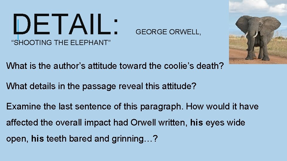 DETAIL: GEORGE ORWELL, “SHOOTING THE ELEPHANT” What is the author’s attitude toward the coolie’s
