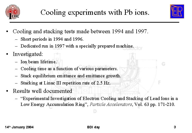 Cooling experiments with Pb ions. • Cooling and stacking tests made between 1994 and Cooling experiments with Pb ions. • Cooling and stacking tests made between 1994 and