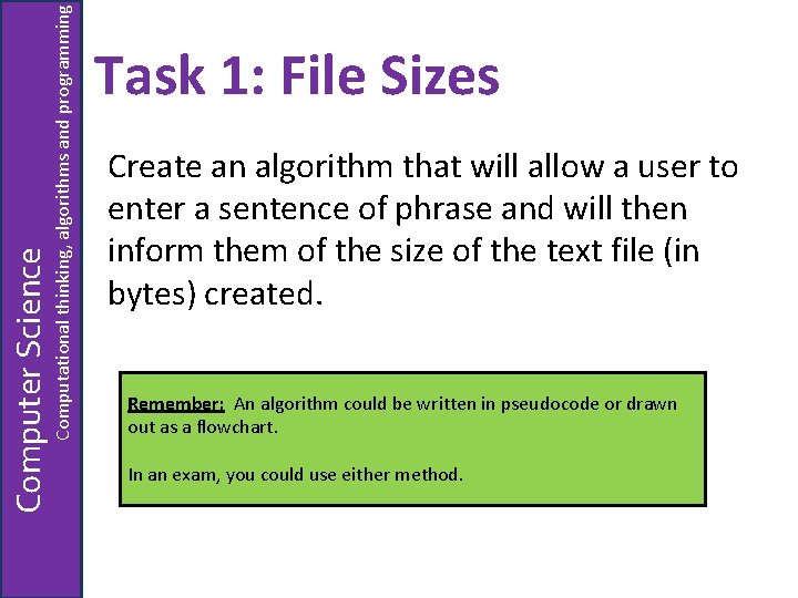 Computational thinking, algorithms and programming Computer Science Task 1: File Sizes Create an algorithm