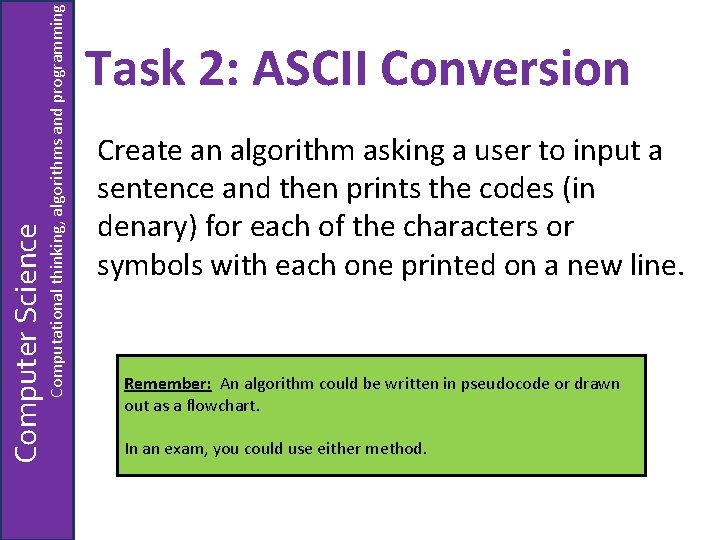 Computational thinking, algorithms and programming Computer Science Task 2: ASCII Conversion Create an algorithm