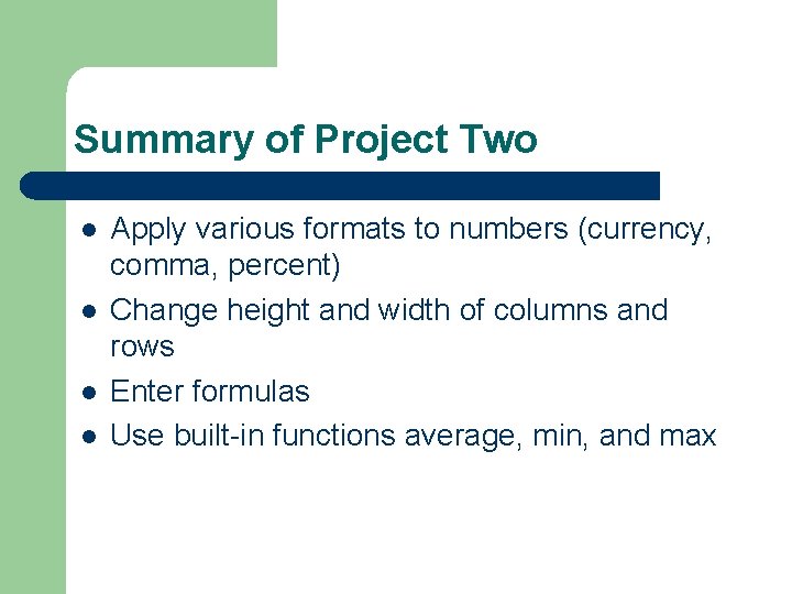Summary of Project Two l l Apply various formats to numbers (currency, comma, percent)