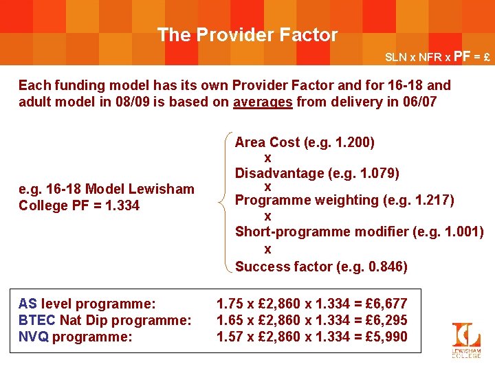 The Provider Factor SLN x NFR x PF = £ Each funding model has