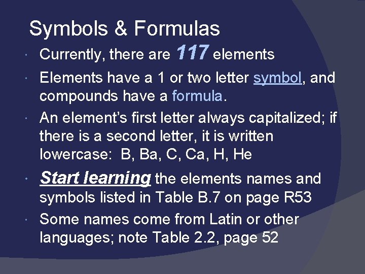 Symbols & Formulas Currently, there are 117 elements Elements have a 1 or two