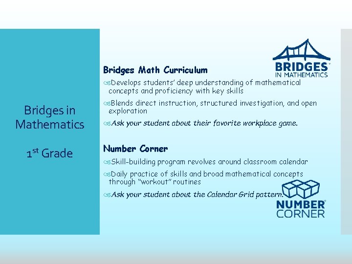 Bridges Math Curriculum Develops students’ deep understanding of mathematical concepts and proficiency with key