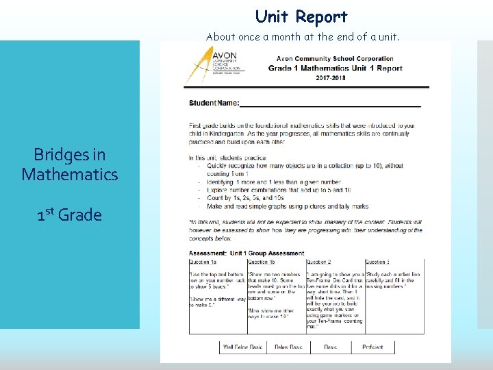 Unit Report About once a month at the end of a unit. Bridges in