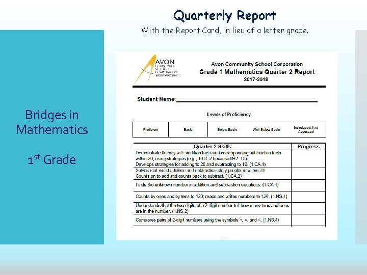 Quarterly Report With the Report Card, in lieu of a letter grade. Bridges in