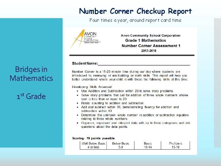 Number Corner Checkup Report Four times a year, around report card time. Bridges in