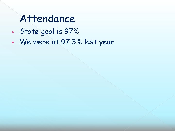 Attendance State goal is 97% • We were at 97. 3% last year •