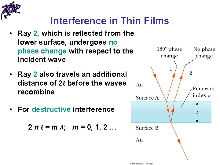 Interference in Thin Films • Ray 2, which is reflected from the lower surface,