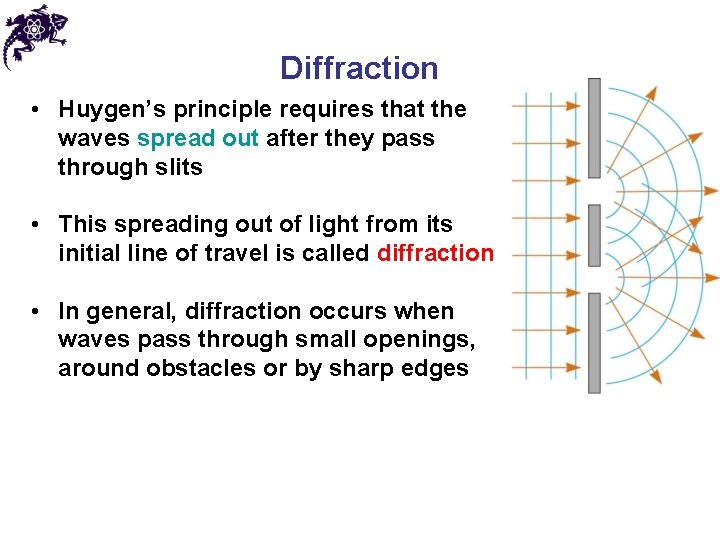 Diffraction • Huygen’s principle requires that the waves spread out after they pass through