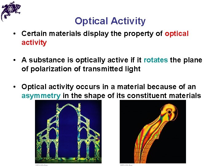 Optical Activity • Certain materials display the property of optical activity • A substance