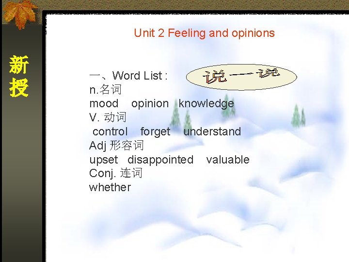 Unit 2 Feeling and opinions 新 授 一、Word List : n. 名词 mood opinion