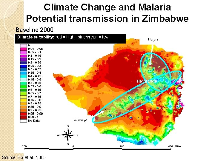 Climate Change and Malaria Potential transmission in Zimbabwe Baseline 2000 Climate suitability: red =