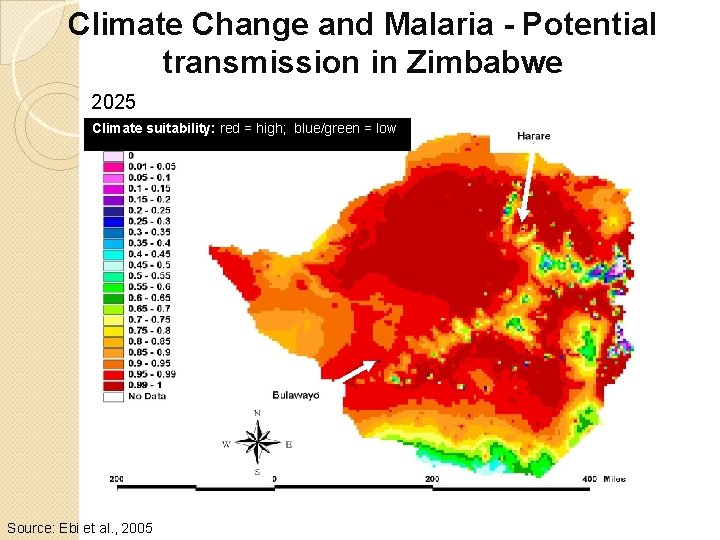Climate Change and Malaria - Potential transmission in Zimbabwe 2025 Climate suitability: red =