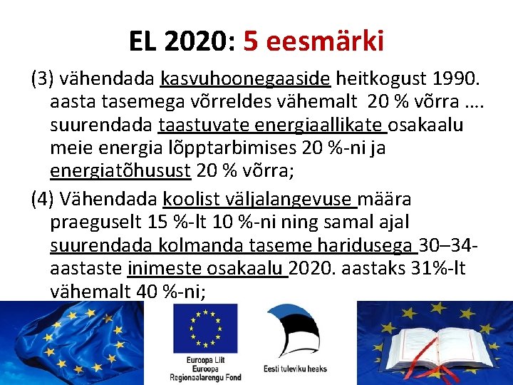 EL 2020: 5 eesmärki (3) vähendada kasvuhoonegaaside heitkogust 1990. aasta tasemega võrreldes vähemalt 20