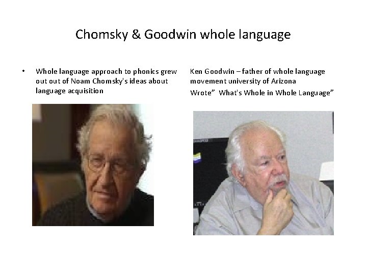 Chomsky & Goodwin whole language • Whole language approach to phonics grew out of