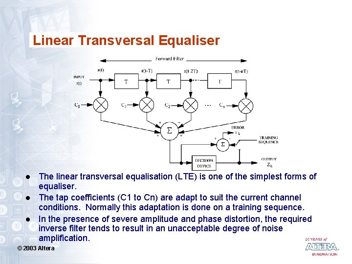 Linear Transversal Equaliser l l l The linear transversal equalisation (LTE) is one of