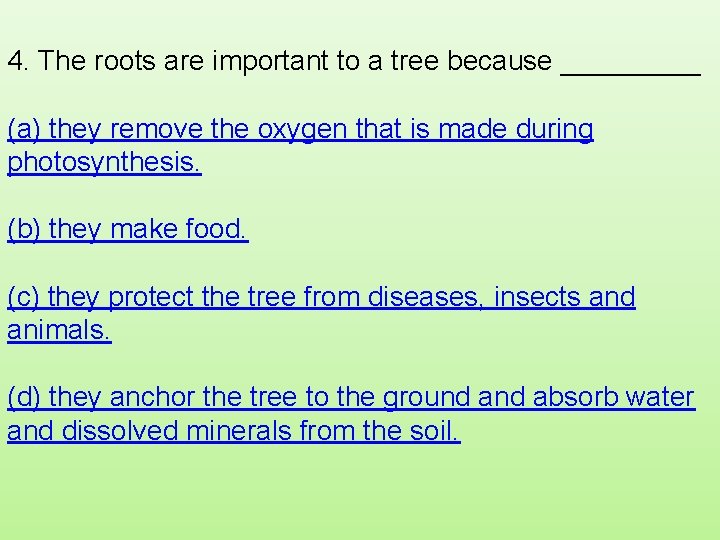 4. The roots are important to a tree because _____ (a) they remove the