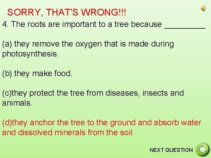 SORRY, THAT’S WRONG!!! 4. The roots are important to a tree because _____ (a)