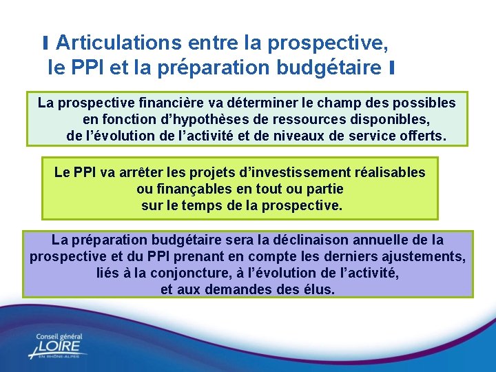 I Articulations entre la prospective, le PPI et la préparation budgétaire I La prospective