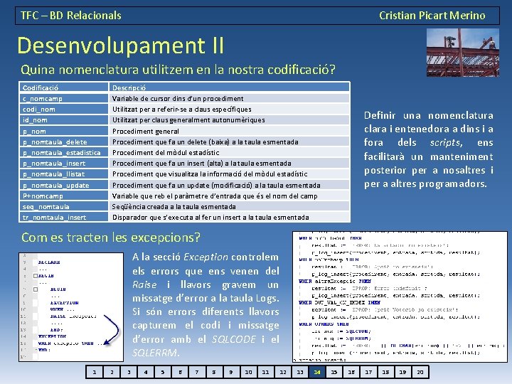 TFC – BD Relacionals Cristian Picart Merino Desenvolupament II Quina nomenclatura utilitzem en la