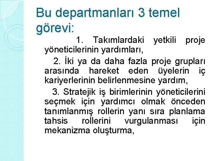 Bu departmanları 3 temel görevi: 1. Takımlardaki yetkili proje yöneticilerinin yardımları, 2. İki ya