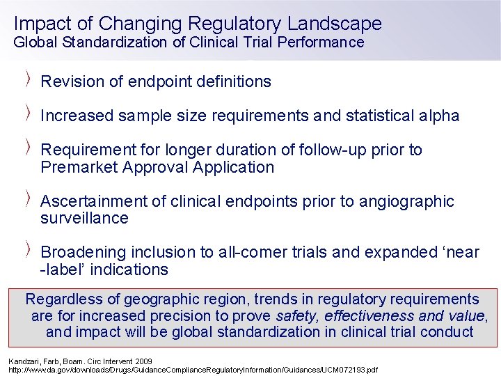 Impact of Changing Regulatory Landscape Global Standardization of Clinical Trial Performance Revision of endpoint