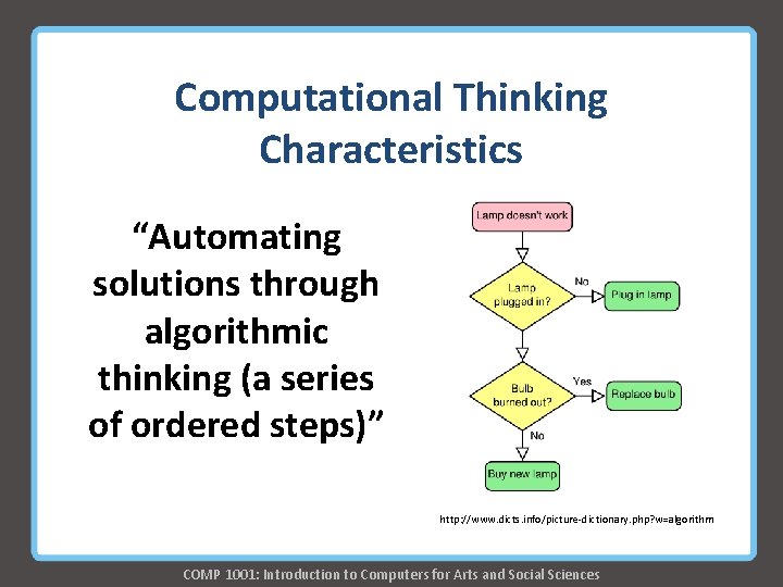 Computational Thinking Characteristics “Automating solutions through algorithmic thinking (a series of ordered steps)” http: Computational Thinking Characteristics “Automating solutions through algorithmic thinking (a series of ordered steps)” http: