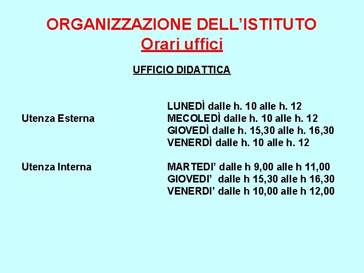 ORGANIZZAZIONE DELL’ISTITUTO Orari uffici UFFICIO DIDATTICA Utenza Esterna Utenza Interna LUNEDÌ dalle h. 10