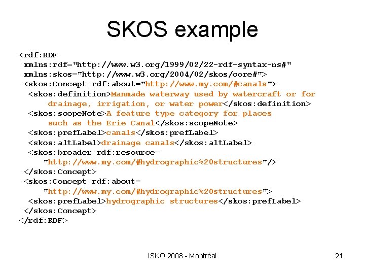 SKOS example <rdf: RDF xmlns: rdf="http: //www. w 3. org/1999/02/22 -rdf-syntax-ns#" xmlns: skos="http: //www.
