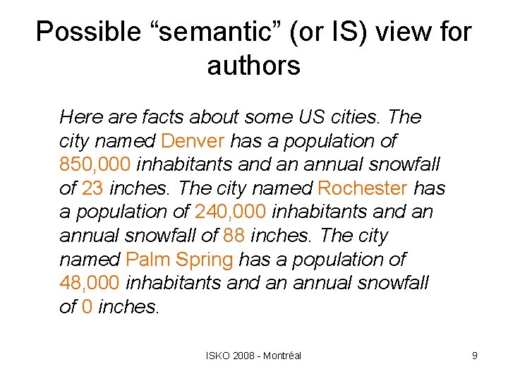 Possible “semantic” (or IS) view for authors Here are facts about some US cities.
