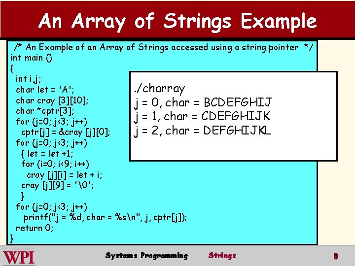 An Array of Strings Example /* An Example of an Array of Strings accessed