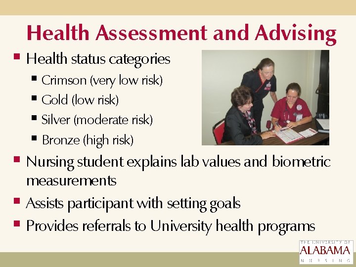 Health Assessment and Advising § Health status categories § Crimson (very low risk) § Health Assessment and Advising § Health status categories § Crimson (very low risk) §