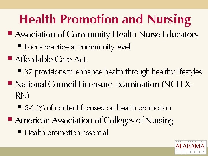 Health Promotion and Nursing § Association of Community Health Nurse Educators § Focus practice Health Promotion and Nursing § Association of Community Health Nurse Educators § Focus practice