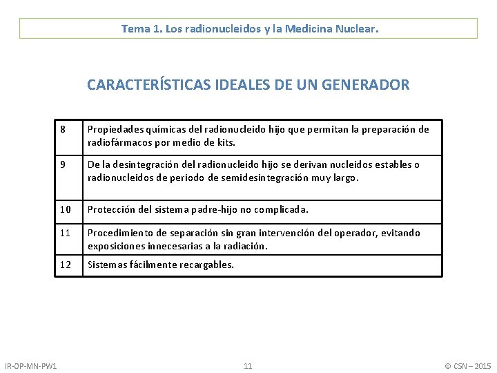 Tema 1. Los radionucleidos y la Medicina Nuclear. CARACTERÍSTICAS IDEALES DE UN GENERADOR IR-OP-MN-PW
