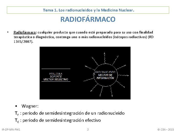 Tema 1. Los radionucleidos y la Medicina Nuclear. RADIOFÁRMACO • Radiofármaco: cualquier producto que