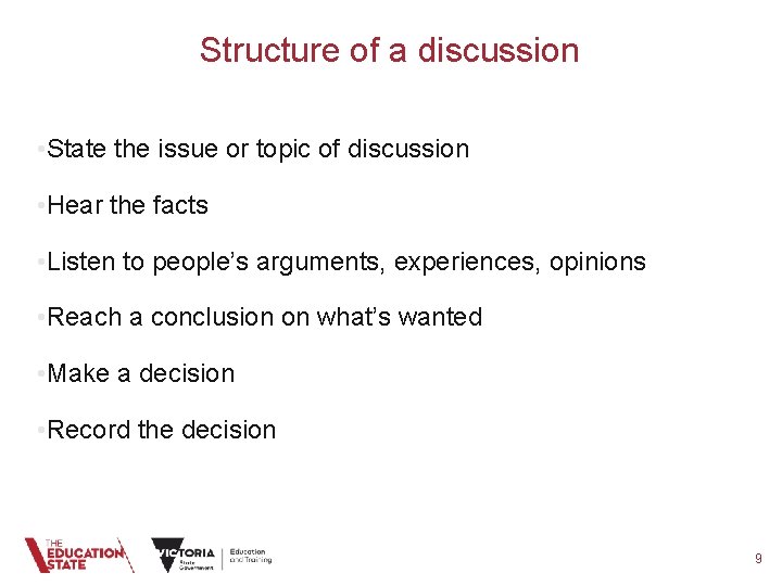 Structure of a discussion • State the issue or topic of discussion • Hear