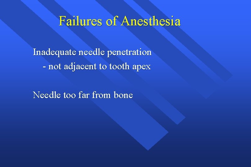 Failures of Anesthesia Inadequate needle penetration - not adjacent to tooth apex Needle too Failures of Anesthesia Inadequate needle penetration - not adjacent to tooth apex Needle too
