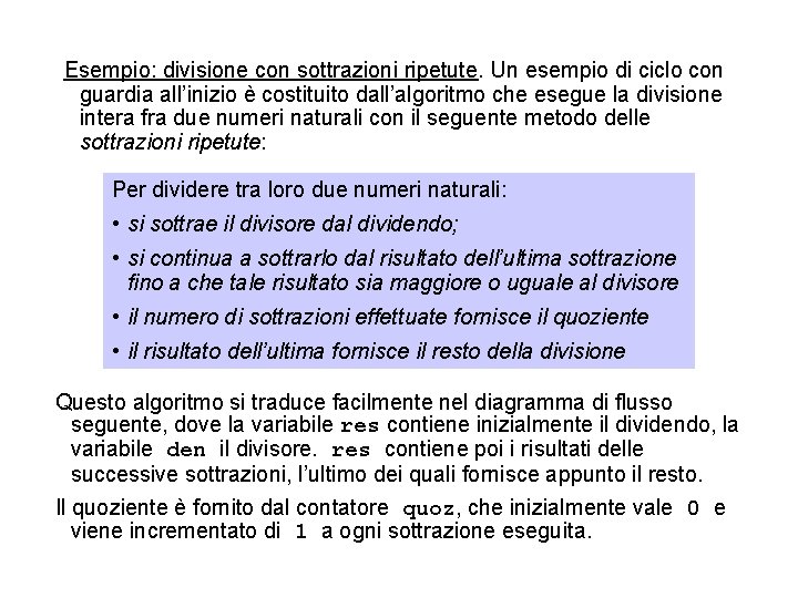 Esempio: divisione con sottrazioni ripetute. Un esempio di ciclo con guardia all’inizio è costituito