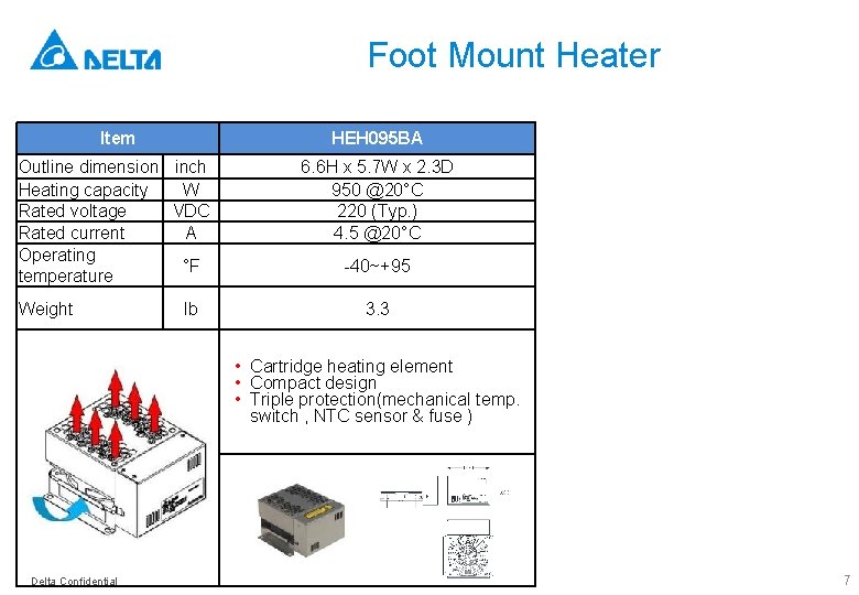 Foot Mount Heater Item HEH 095 BA Outline dimension inch Heating capacity W Rated
