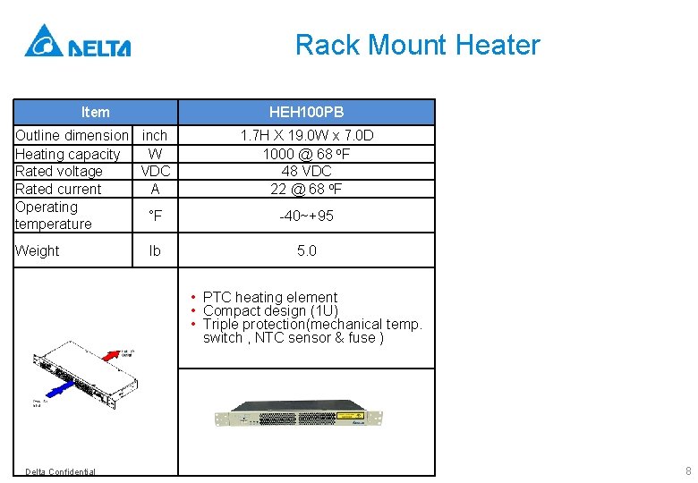 Rack Mount Heater Item HEH 100 PB Outline dimension inch Heating capacity W Rated