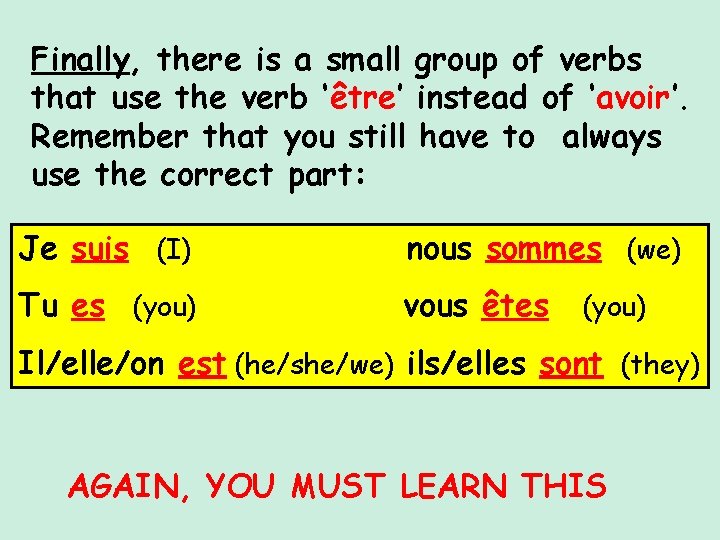 Finally, there is a small group of verbs that use the verb ‘être’ instead Finally, there is a small group of verbs that use the verb ‘être’ instead