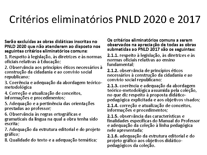 Critérios eliminatórios PNLD 2020 e 2017 Serão excluídas as obras didáticas inscritas no PNLD Critérios eliminatórios PNLD 2020 e 2017 Serão excluídas as obras didáticas inscritas no PNLD