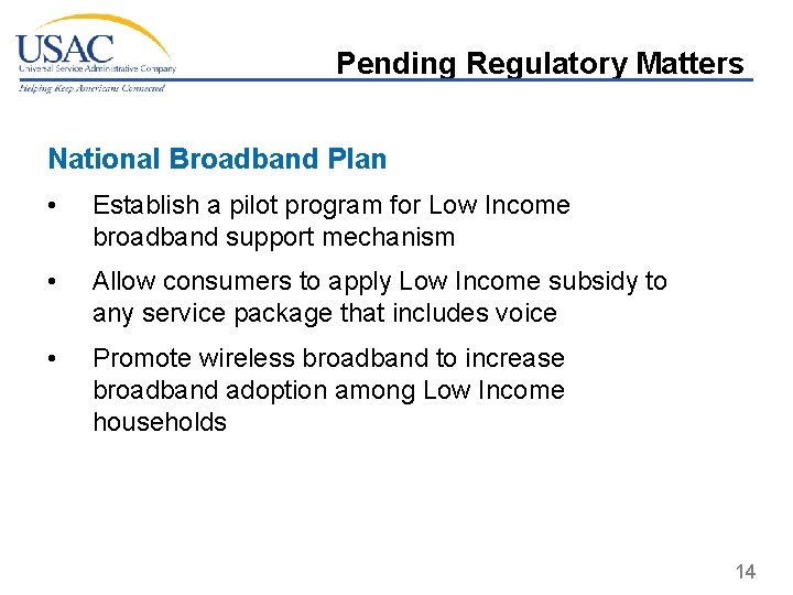 Pending Regulatory Matters National Broadband Plan • Establish a pilot program for Low Income