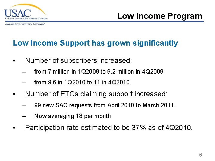 Low Income Program Low Income Support has grown significantly • • • Number of